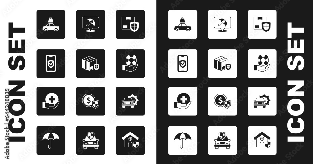 Set Delivery security with shield, Insurance online, Car insurance, Lifebuoy hand, Umbrella, accident and icon. Vector Set Delivery security with shield, Insurance online, Car insurance, Lifebuoy hand, Umbrella, accident and icon. Vector