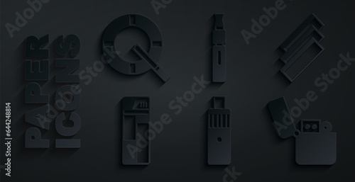 Set Vape mod device, Cigarette rolling papers, Lighter, Electronic cigarette and Ashtray with icon. Vector