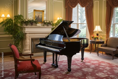 A spacious room featuring an elegant grand piano. Generative AI