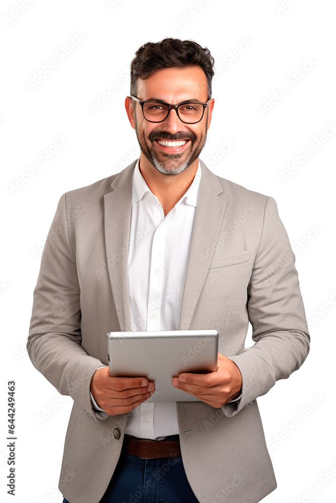 Happy Latin American school teacher holding digital tablet isolated on white transparent background Happy Latin American school teacher holding digital tablet isolated on white transparent background