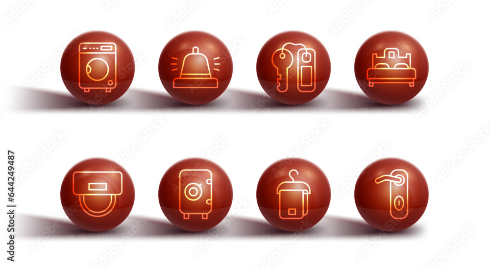 Set line Washer, Bellboy hat, Bedroom, Towel on hanger, Safe, Hotel service bell, Door handle and door lock key icon. Vector Set line Washer, Bellboy hat, Bedroom, Towel on hanger, Safe, Hotel service bell, Door handle and door lock key icon. Vector