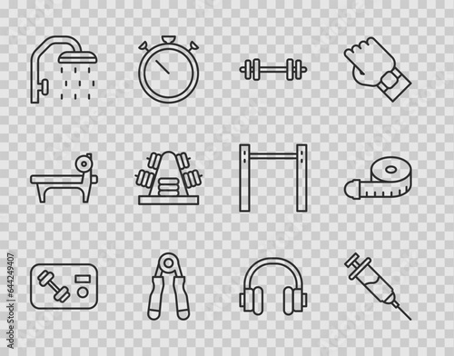 Set line Fitness club, gym card, Doping syringe, Barbell, Sport expander, Shower head, Metal rack with weights, Headphones and Tape measure icon. Vector