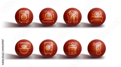 Set line Washer, Bellboy hat, Bedroom, Towel on hanger, Safe, Hotel service bell, Door handle and door lock key icon. Vector