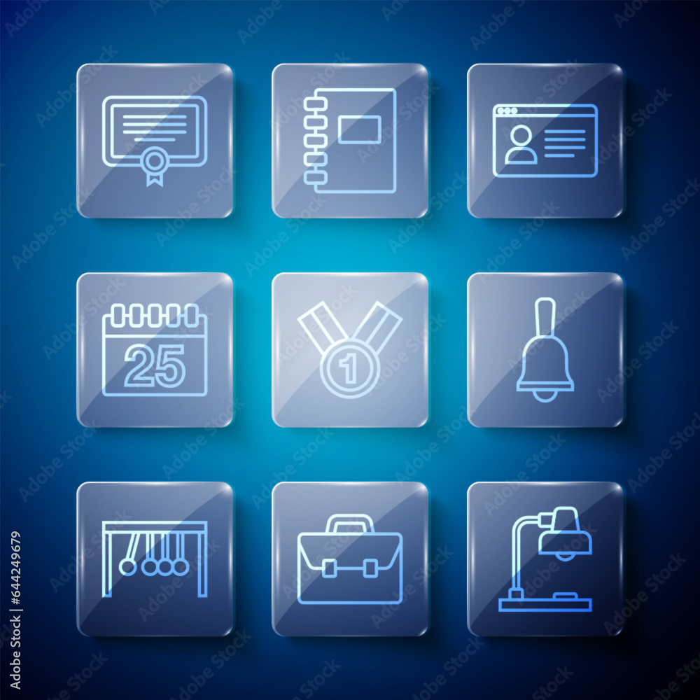 Set line Pendulum, Briefcase, Table lamp, Online class, Medal, Calendar, Certificate template and Ringing bell icon. Vector Set line Pendulum, Briefcase, Table lamp, Online class, Medal, Calendar, Certificate template and Ringing bell icon. Vector
