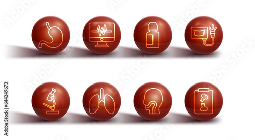 Set line Human stomach, Microscope, Ultrasound, Sore throat, Lungs, Monitor with cardiogram, X-ray shots and Eye drop bottle icon. Vector