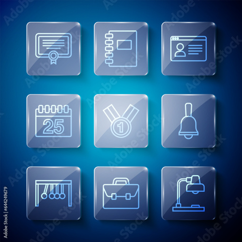 Set line Pendulum, Briefcase, Table lamp, Online class, Medal, Calendar, Certificate template and Ringing bell icon. Vector