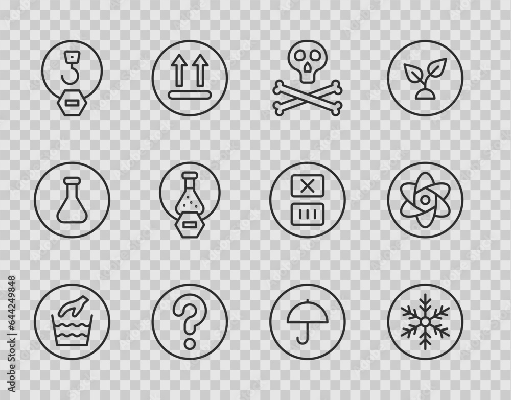 Set line Hand wash laundry, Snowflake, Bones skull warning, Unknown search, Industrial hook, Test tube flask, Delivery package with umbrella and icon. Vector Set line Hand wash laundry, Snowflake, Bones skull warning, Unknown search, Industrial hook, Test tube flask, Delivery package with umbrella and icon. Vector