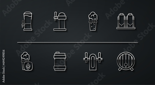 Set line Beer tap, Glass of beer, brewing process, Metal keg, Dispenser, Wooden barrel and icon. Vector