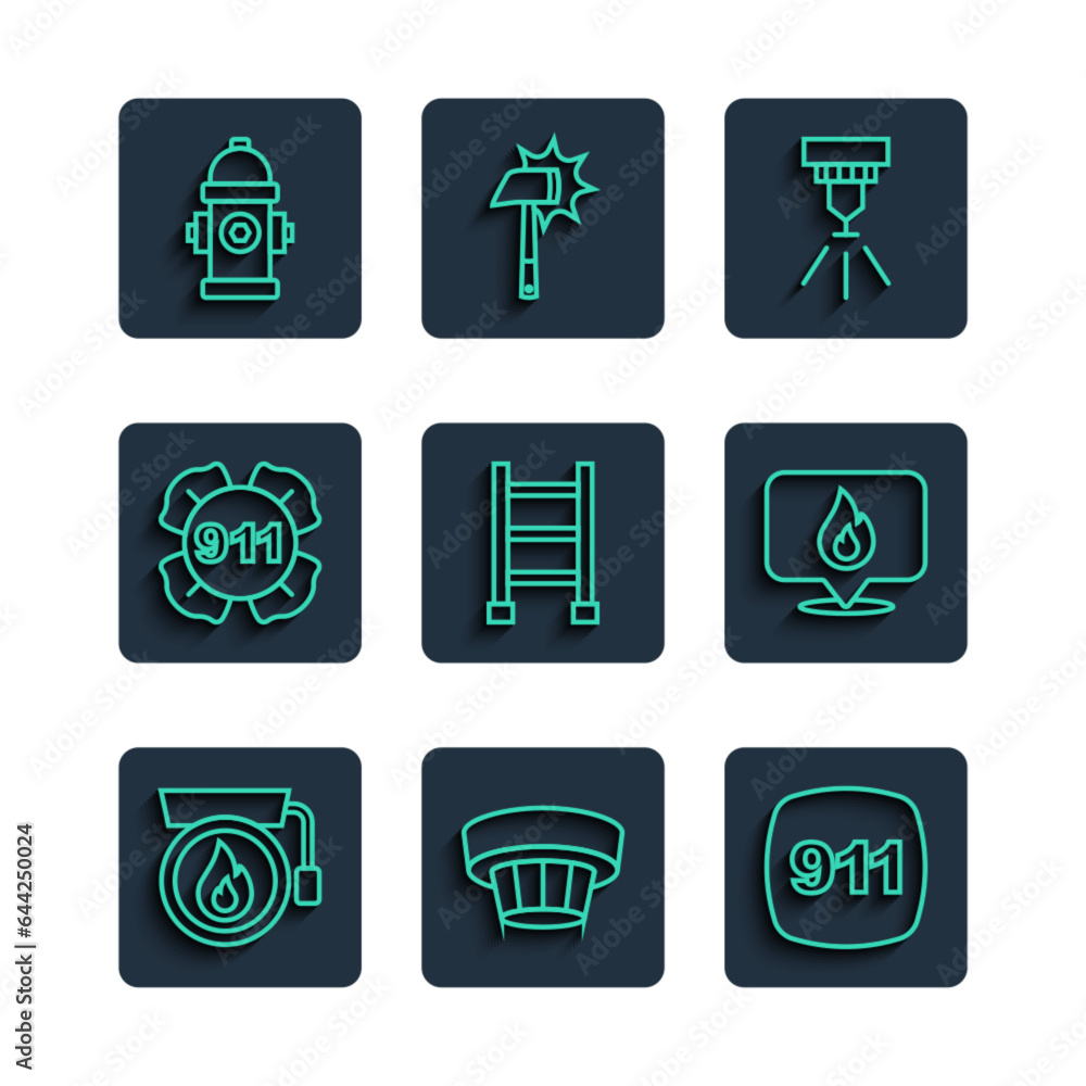 Set line Ringing alarm bell, Smoke system, Emergency call 911, Fire sprinkler, escape, hydrant and Location with fire flame icon. Vector Set line Ringing alarm bell, Smoke system, Emergency call 911, Fire sprinkler, escape, hydrant and Location with fire flame icon. Vector