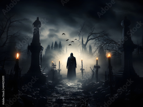 Vampire on the cemetery Halloween night creepy