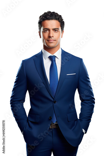 Latin American politician man wearing blue elegant suit and posing on isolated white background