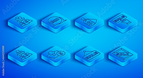 Set line Auction jewelry sale, Bid, Price tag with Sale, auctioneer sells and painting sold icon. Vector