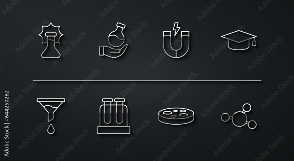 Set line Explosion in the flask, Funnel or filter, Graduation cap, Petri dish with bacteria, Test tube, Molecule and Magnet icon. Vector Set line Explosion in the flask, Funnel or filter, Graduation cap, Petri dish with bacteria, Test tube, Molecule and Magnet icon. Vector