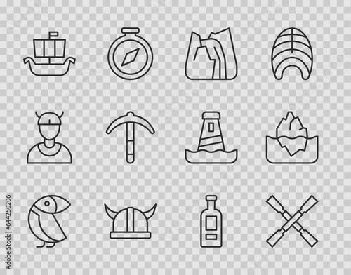 Set line Albatross, Oars or paddles boat, Waterfall, Viking in horned helmet, ship Drakkar, Pickaxe, Bottle of vodka and Iceberg icon. Vector
