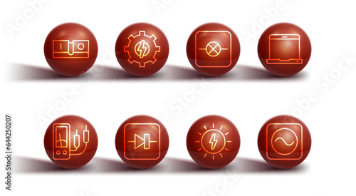 Set line Electric light switch, Ampere meter, multimeter, Laptop, Solar energy panel, Diode in electronic circuit, Gear and lightning, AC voltage source and Lamp icon. Vector