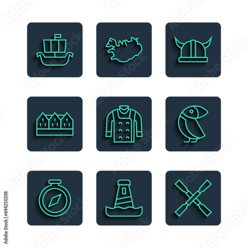 Set line Compass, Lighthouse, Oars or paddles boat, Viking in horned helmet, Sweater, Norwegian wooden, ship Drakkar and Albatross icon. Vector