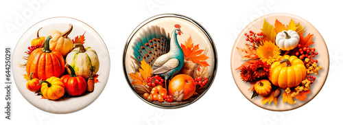 Set of three round pins for thanksgiving isolated transparent background
