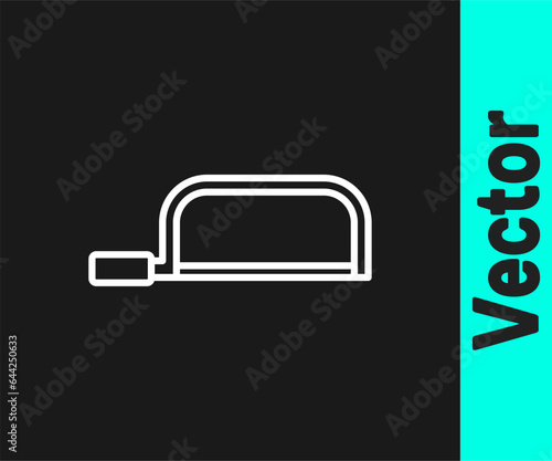 White line Hacksaw icon isolated on black background. Metal saw for wood and metal. Vector