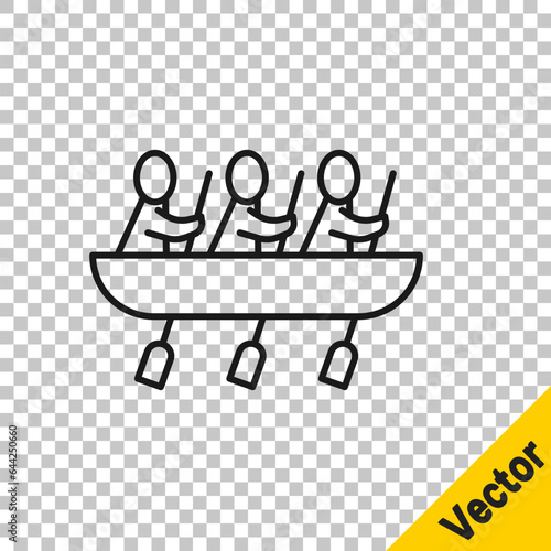 Black line Canoe rowing team sports icon isolated on transparent background. Three athletes with oars rowing in boat. Teamwork concept. Vector