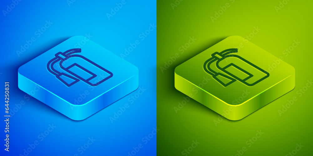 Isometric line Fire extinguisher icon isolated on blue and green background. Square button. Vector Isometric line Fire extinguisher icon isolated on blue and green background. Square button. Vector