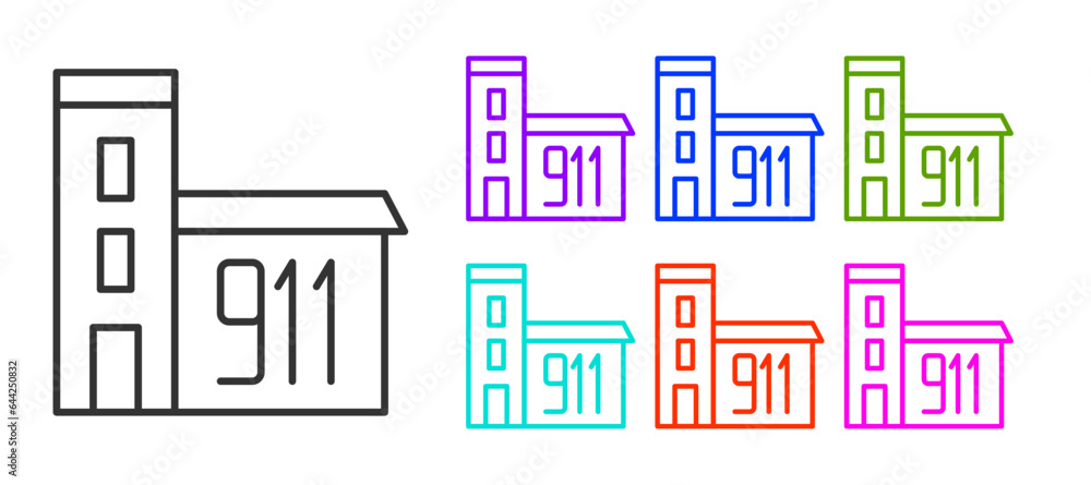 Black line Building of fire station icon isolated on white background. Fire department building. Set icons colorful. Vector Black line Building of fire station icon isolated on white background. Fire department building. Set icons colorful. Vector