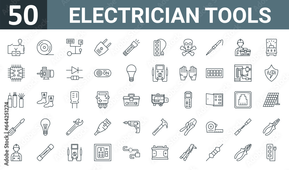 set of 50 outline web electrician tools icons such as voltage ...