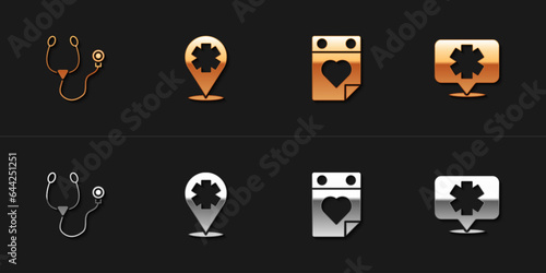 Set Stethoscope, Location with cross hospital, Doctor appointment and Medical symbol of the Emergency icon. Vector