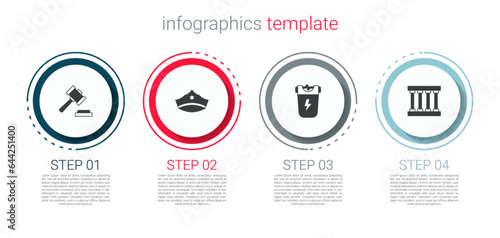 Set Judge gavel, Police cap with cockade, electric shocker and Prison window. Business infographic template. Vector