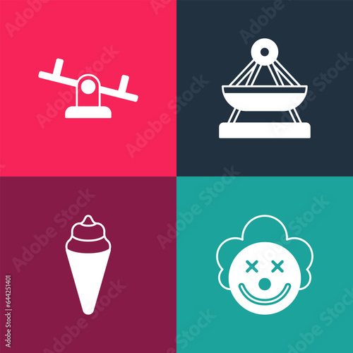 Set pop art Clown head, Ice cream in waffle cone, Boat swing and Seesaw icon. Vector