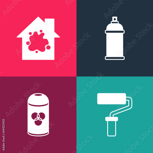 Set pop art Paint roller brush, spray can, and Painting the house icon. Vector