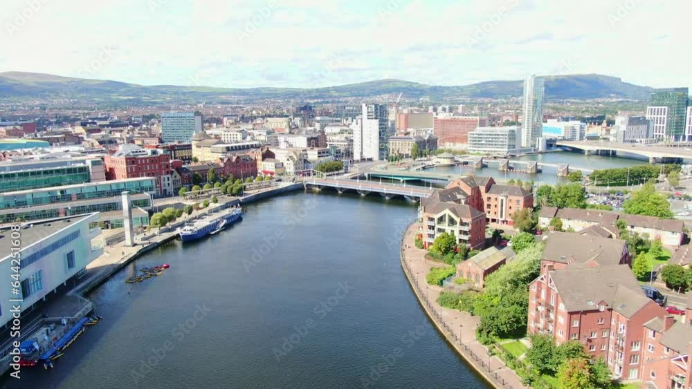 Aerial view on buildings and Lagan River in City center of Belfast Northern Ireland. Drone photo, high angle view of town Aerial view on buildings and Lagan River in City center of Belfast Northern Ireland. Drone photo, high angle view of town
