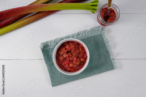 homemade rhubarb jam on white background