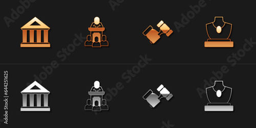 Set Museum building, Auction auctioneer sells, hammer and jewelry sale icon. Vector