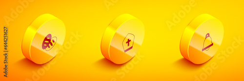 Set Isometric Christian bread, Pope hat and Church bell icon. Vector