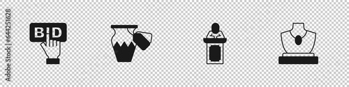 Set Bid, Auction ancient vase, auctioneer sells and jewelry sale icon. Vector