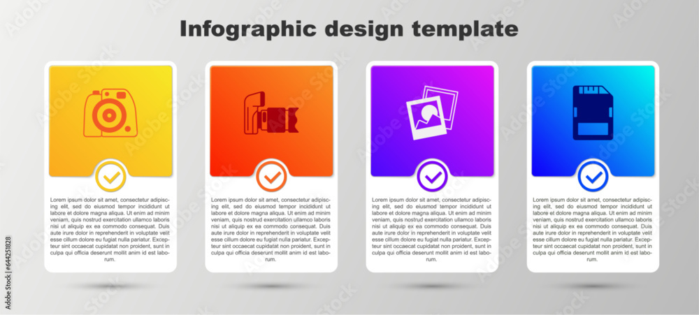 Set Photo camera, frame and SD card. Business infographic template. Vector