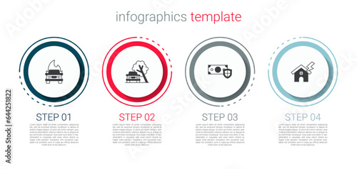 Set Burning car, Car damaged by fallen tree, Money with shield and House and lightning. Business infographic template. Vector