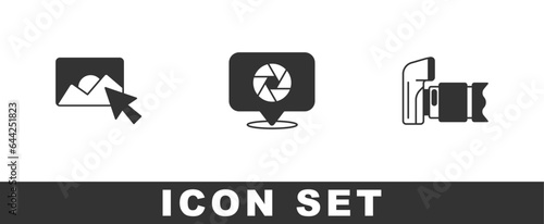 Set Photo retouching, Camera shutter and camera icon. Vector