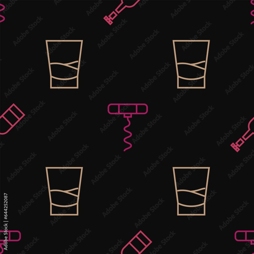 Set line Opened bottle of wine, Glass vodka and Wine corkscrew on seamless pattern. Vector Set line Opened bottle of wine, Glass vodka and Wine corkscrew on seamless pattern. Vector