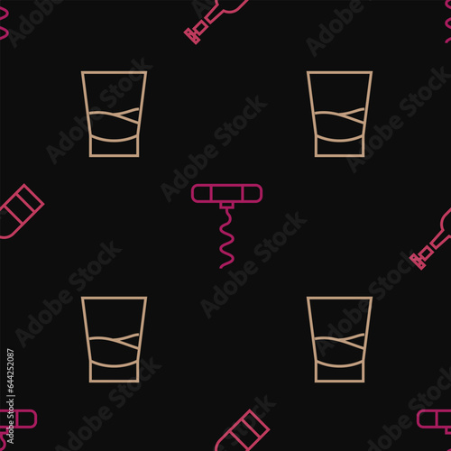 Set line Opened bottle of wine, Glass vodka and Wine corkscrew on seamless pattern. Vector