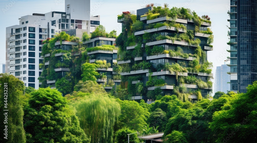Vertical garden at the heart of a vibrant urban environment. Tall ...
