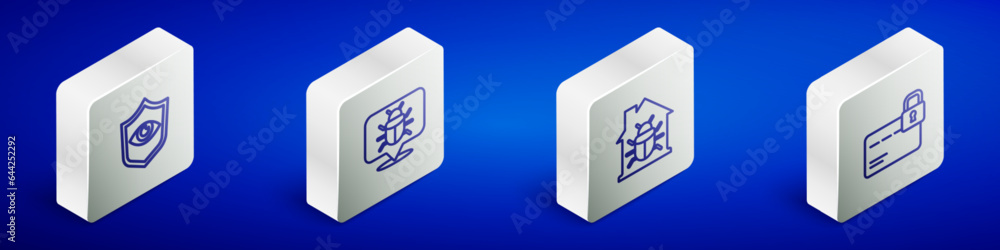 Set Isometric line Shield and eye, System bug, House system and Credit card with lock icon. Vector Set Isometric line Shield and eye, System bug, House system and Credit card with lock icon. Vector