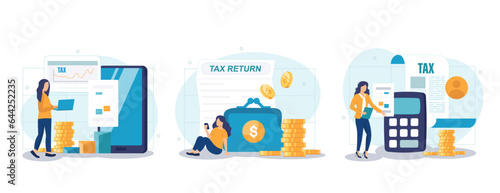 Declaration programs, easy reporting, tax website. Desktop tax filing software, mobile app tax filing software, filing online service metaphors. Vector isolated concept metaphor collection of scenes.	