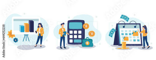 Planning financial budget isolated set. Accounting analysis and savings. People collection of scenes in flat design. Vector illustration for blogging, website, mobile app, promotional materials.	