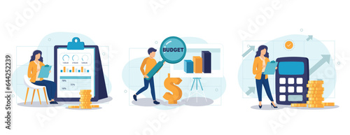 Analyzing budget concept isolated person situations. Collection of scenes with people do financial accounting, calculate statistics, earnings increase. Mega set. Vector illustration in flat design 