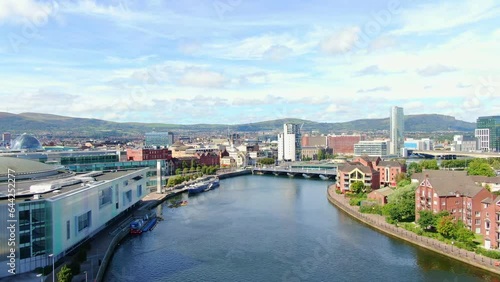 Wallpaper Mural Aerial view on buildings and Lagan River in City center of Belfast Northern Ireland. Drone photo, high angle view of town Torontodigital.ca