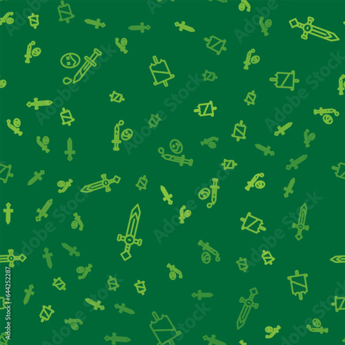 Set line Sword with blood, Medieval sword and flag on seamless pattern. Vector