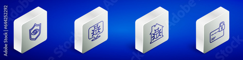 Set Isometric line Shield and eye, System bug, House system and Credit card with lock icon. Vector