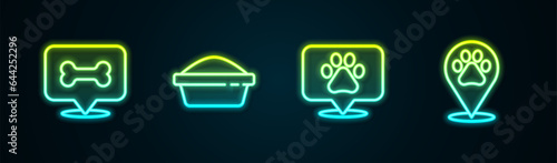 Set line Dog bone, Pet food bowl, Location veterinary and . Glowing neon icon. Vector