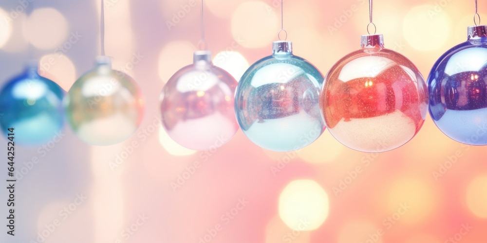Fototapeta premium Christmas decorated balls hanging on a ribbon. Merry Christmas and Happy new year. Festive background with xmas decoration balls